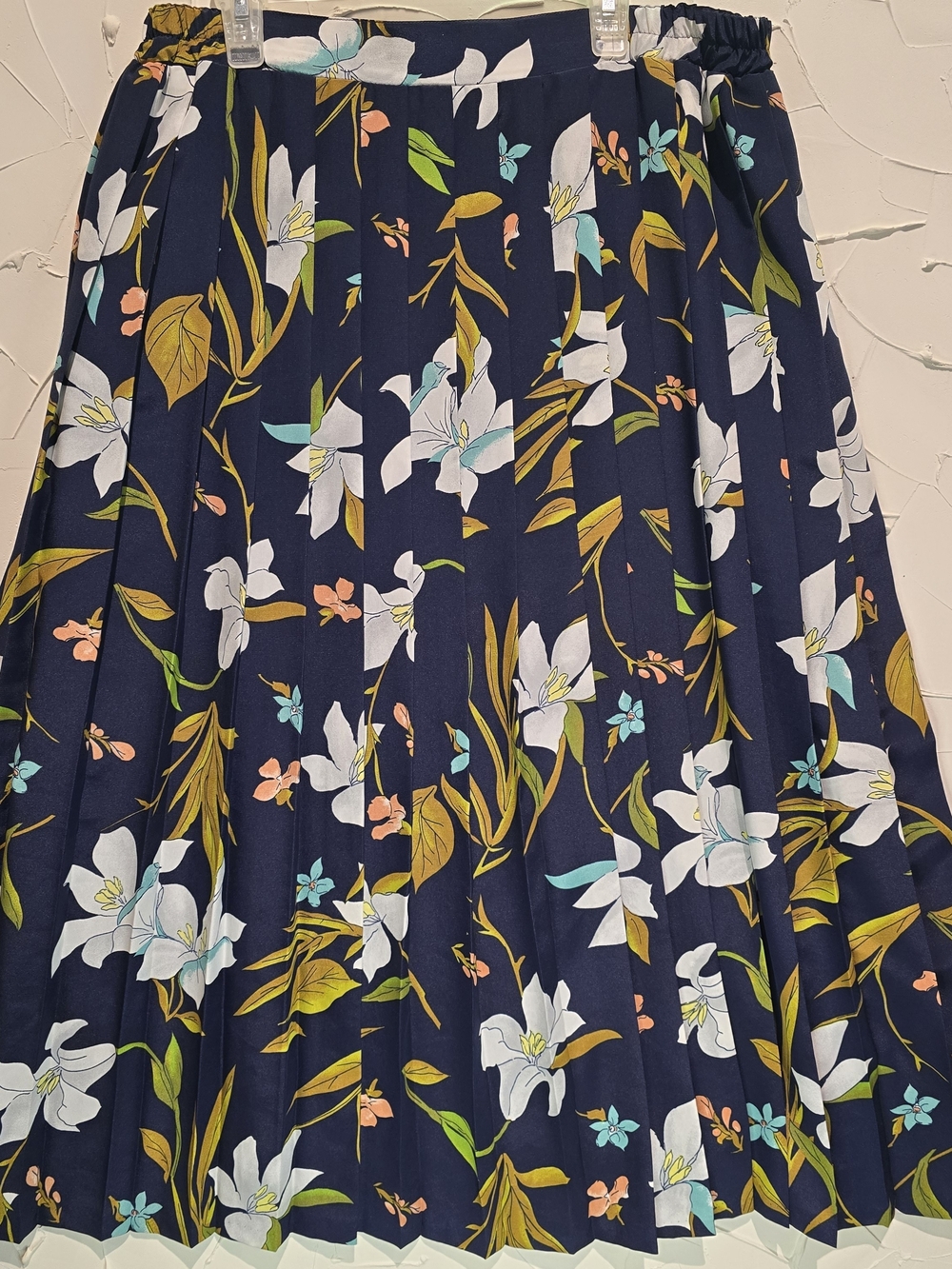 Pleated Navy Floral Midi Skirt - White & Mustard Flower Print